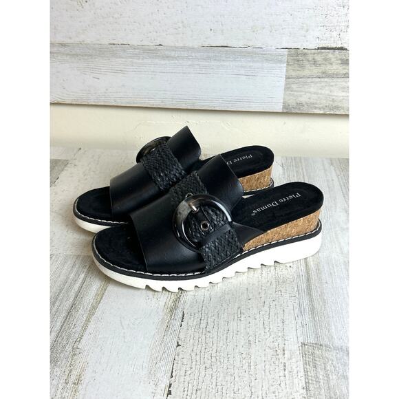 Pierre Dumas Women’s 7 Black Leather Suede Buckle Slip-On Platform Wedge Sandals - Picture 1 of 7